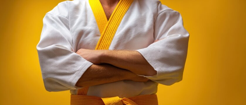 The confident martial artist in a traditional white uniform with a yellow belt.