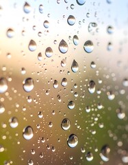Transparent Raindrops Reflecting Light and Nature on a Glass Surface