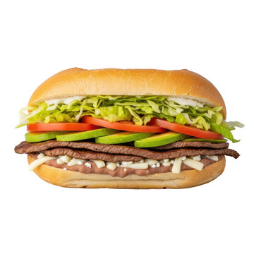 Mexican Torta with steak, avocado, Oaxaca cheese, vegetables on toasted telera, transparent background, ultra-realistic food, Concept for food advertising