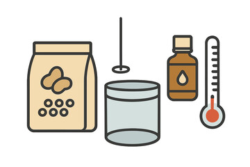 Ingredients and tools for making homemade soap displayed on a clean surface in a well-lit kitchen environment