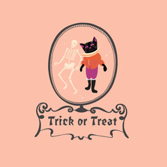 Medieval Cat and Skeleton in Vintage Frame Vector, Gothic Halloween Cat Illustration, Retro Spooky Season Clipart 