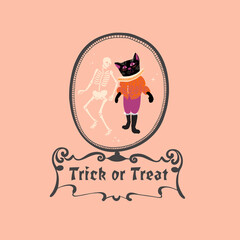 Medieval Cat and Skeleton in Vintage Frame, Gothic Halloween Cat Illustration, Retro Spooky Season Clipart 