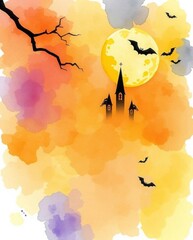 Watercolor Halloween scene castle silhouette yellow moon bats bare branch against an orange purple sky