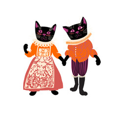 Medieval Cats in Vintage Costumes, Halloween Black Cat Illustration