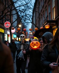 Obraz premium A street scene shows people some in Halloween costumes amidst festive pumpkin decorations