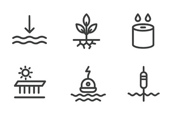 Fototapeta premium Conceptual icons representing environmental themes including water monitoring, solar energy usage, and aquatic plant growth in modern ecosystems
