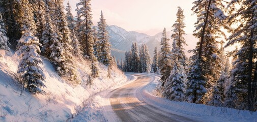 The winding road through a snowy forest at sunset.