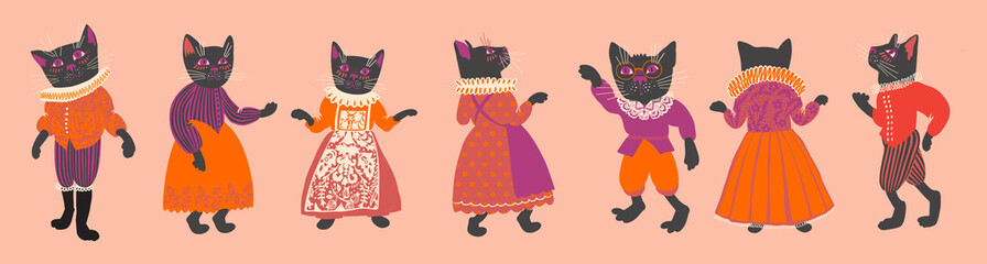Medieval Cats in Vintage Costumes, Halloween Black Cat Illustration