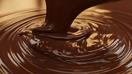 Indulgent close-up of thick, molten dark chocolate pouring smoothly, creating mesmerizing swirls and a rich, luscious texture perfect for confectionery delights and dessert creations. - Powered by Adobe
