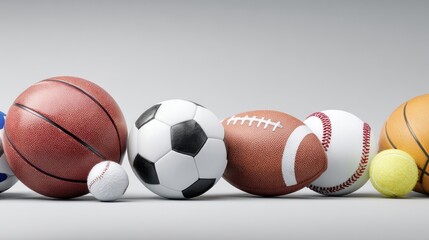 The collection of various sports balls arranged on a gray background.