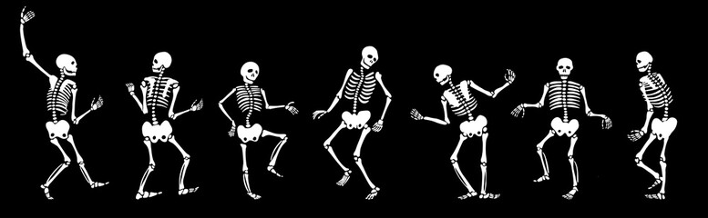 Dancing Skeletons Illustration, Retro Halloween Party Bones Clipart