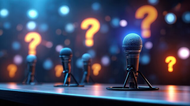 Three microphones stand on a stage with question marks, suggesting a quiz show or open mic night event with anticipation.