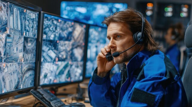 A dedicated security or surveillance operator monitoring multiple high-resolution screens displaying live footage in a control room environment, emphasizing technology and vigilance