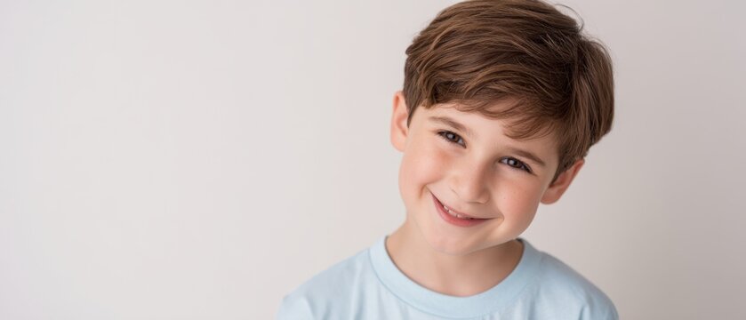 The cheerful boy with a bright smile in a light blue shirt.
