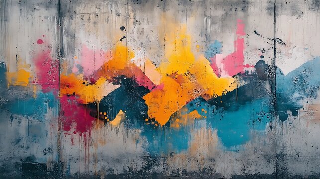 Vibrant abstract paint splatters on weathered concrete wall
