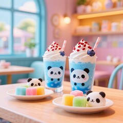 Fototapeta premium Cute Blueberry Desserts with Panda Mochi and Colorful Toppings