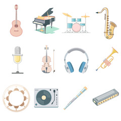 Colorful Collection of Musical Instruments and Sound Gear Set