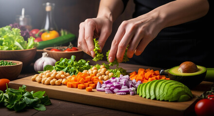 Preparing a fresh salad with various colorful vegetables on a wooden cutting board in a dark kitchen