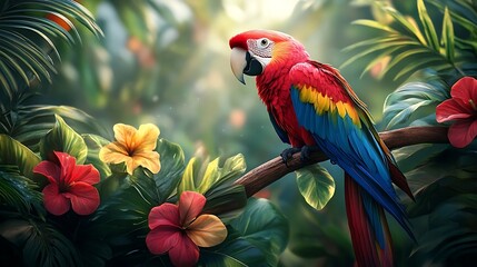 Fototapeta premium Vibrant scarlet macaw perched in lush tropical rainforest
