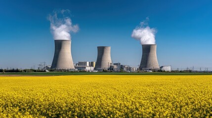 The stunning contrast of a nuclear power plant against a vibrant yellow field.