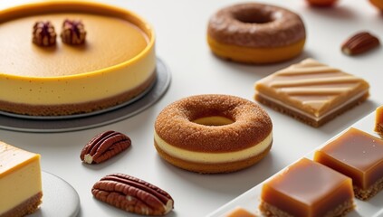 Hyper-detailed ultra-realistic illustration of cozy autumn desserts — pumpkin cheesecake, cinnamon sugar donuts, maple pecan cookies — minimalist composition, soft daylight, crisp 8K food art style