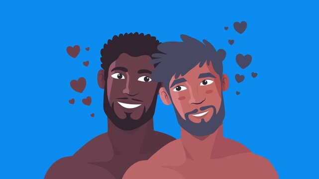 Interracial shirtless gay couple smiling with hearts floating around them
