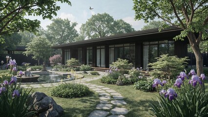 Naklejka premium Modern minimalist oriental garden with black timber house, curved pond, and blooming irises in woodland