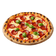 Whole grilled pizza, golden-brown crust, grill marks, bubbling mozzarella, vibrant tomato sauce, basil, curled pepperoni, isolated on transparent. Concept for food advertising