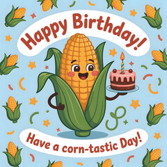Cute cartoon corn character celebrating birthday with cake and festive decorations