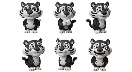 Cartoon tiger illustrations set black and white expressions