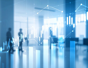 Abstract business graphs overlaying office interior.