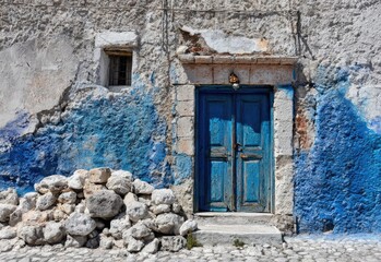 Aged stone wall with vibrant blue door