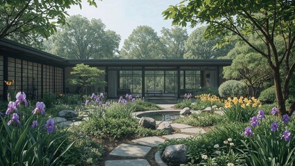 Naklejka premium Modern minimalist oriental garden with black timber house, curved pond, and blooming irises in woodland