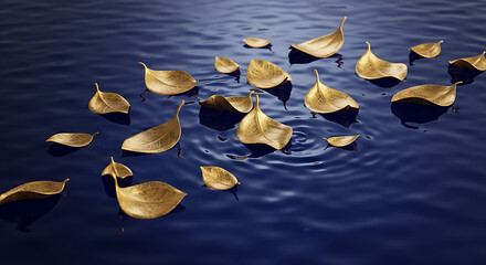 Golden Autumn Leaves Floating on Rippling Dark Blue Water Surface.