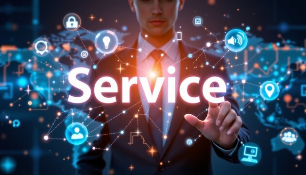 Cinematic, digital illustration, service concept, A professional in suit, partially visible, interacting with floating data points, connecting nodes, glowing lines