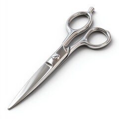 Obraz premium High-angle view of a pair of shiny silver hairdressing shears, isolated on a white background