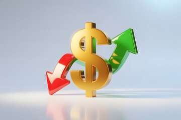 Obraz premium Financial Dynamics Dollar Symbol with Contrasting Arrows Illustrating Market Fluctuations and Economic Trends