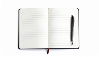 Open notebook with lined pages and a pen, perfect for writing, journaling, or note-taking on a clean white background.