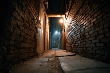 Fototapeta premium A narrow, shadowy alley or corridor serves as a hiding spot for robbers