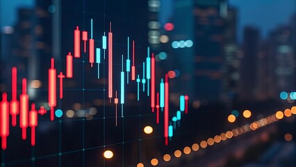 A dynamic stock market chart with glowing blue and red elements on a dark background