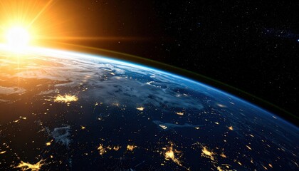 Obraz premium Captivating image of Earth from space, showcasing a vibrant sunrise and illuminated city lights against the dark cosmos.