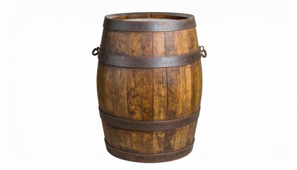 High-resolution image of a rustic wooden barrel with metal hoops, perfect for vintage decor or storage solutions.