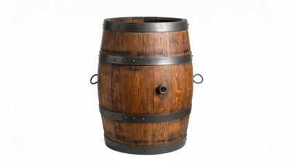 Fototapeta premium High-quality image of a rustic wooden barrel with metal hoops, perfect for vintage, storage, or decor themes.