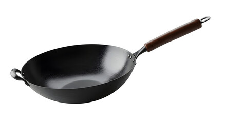 Black metal wok shows cooking texture with dark wood handle for product photography, ads, and presentations.