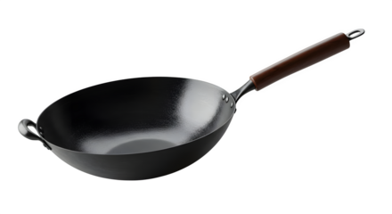 Black metal wok shows cooking texture with dark wood handle for product photography, ads, and presentations.