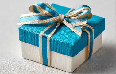 Teal Gift Box with Gold Ribbon and Bow on White Background