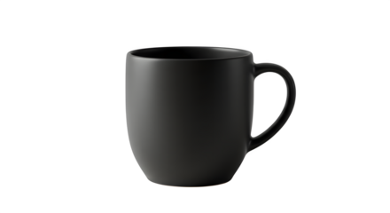 Black ceramic mug presents modern, minimalist aesthetic on a dark surface. Ideal for product mockups, branding, posters.