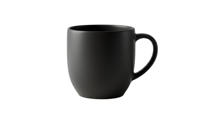 Black ceramic mug presents modern, minimalist aesthetic on a dark surface. Ideal for product mockups, branding, posters.