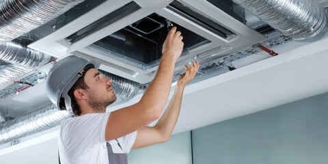 The technician expertly repairs the ceiling air conditioning unit with precision.