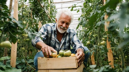 Senior Farmer Inspects Tomatoes in Greenhouse